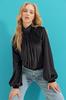 Women's Blouse New Season Fashion Black High Collar Front Gathering Detailed Velvet Blouse