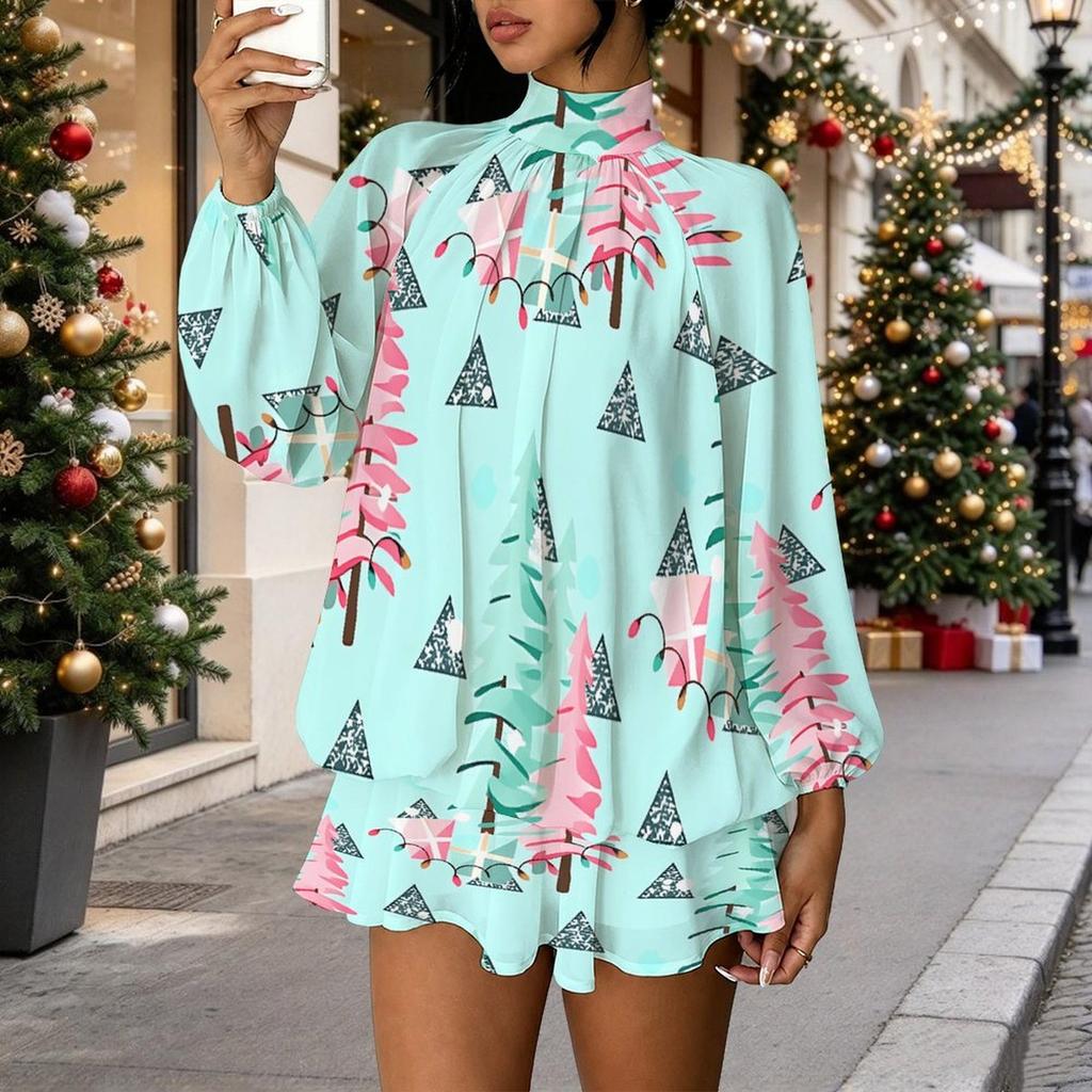 Women's 3D Santa Claus Print Mock Neck Long Sleeve Dress, Raglan Sleeve Fake Two Piece Mini Dress