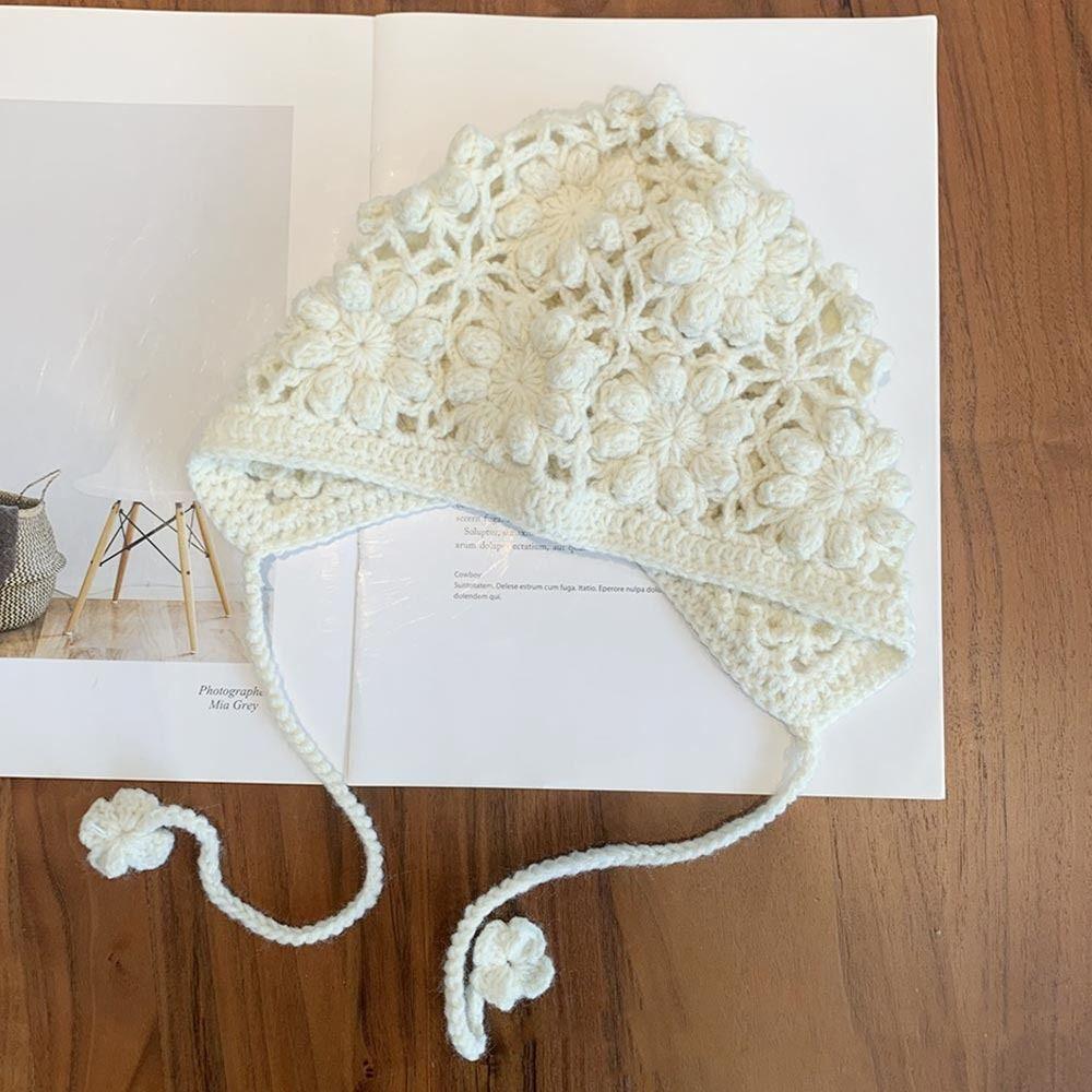 Crochet Beret Cap Hollow Flower Skullies Hat Breathable Princess Cap  for Child Girls
