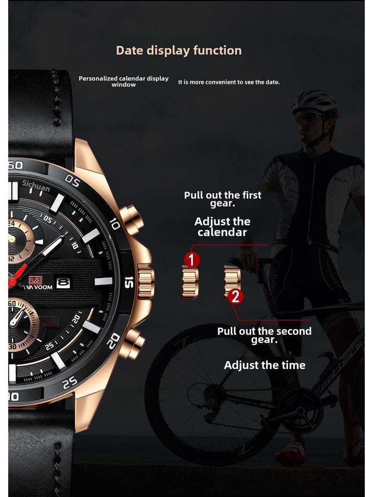 Мужские водонепроницаемые кварцевые часы для спорта на открытом воздухе с календарем и кожаным ремешком