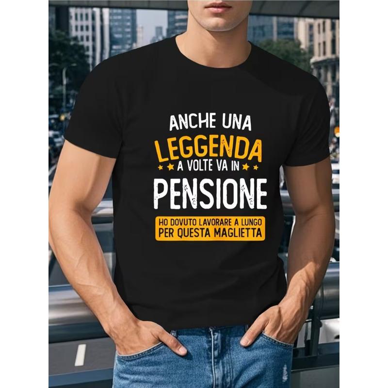 Funny Men's T-Shirt in Italian - "Ancora Una Legenda Va In Pensione" (Still a Going into Retirement) - Black with Orange and Yellow Print, Short