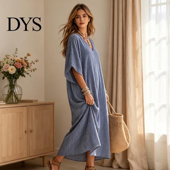 Breathable Beach Dress Women V-Neck Striped Dress, Summer Half Sleeve Casual Ankle Daily Length Loose Swing for Vacation Wear Soft