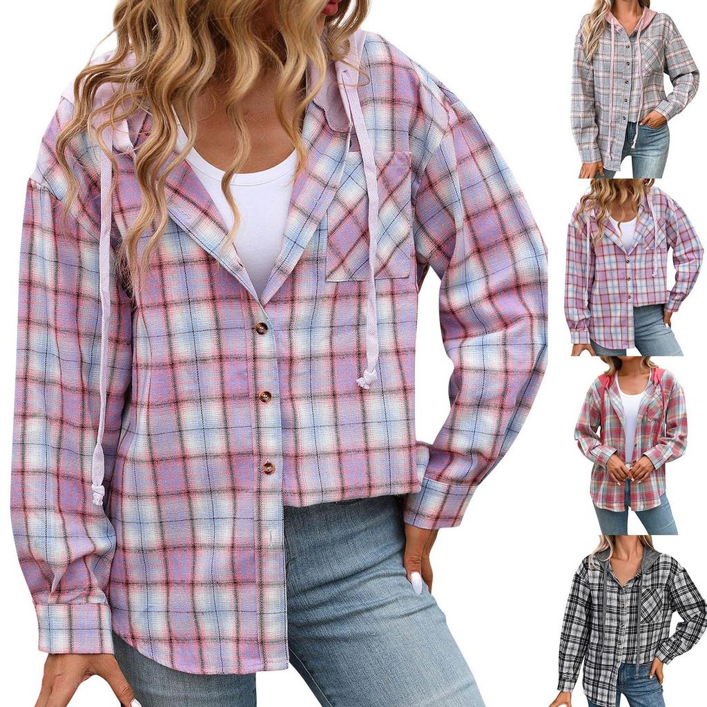 Женская модная широкая клетчатая куртка-рубашка с длинными рукавами и карманами на пуговицах и капюшоном