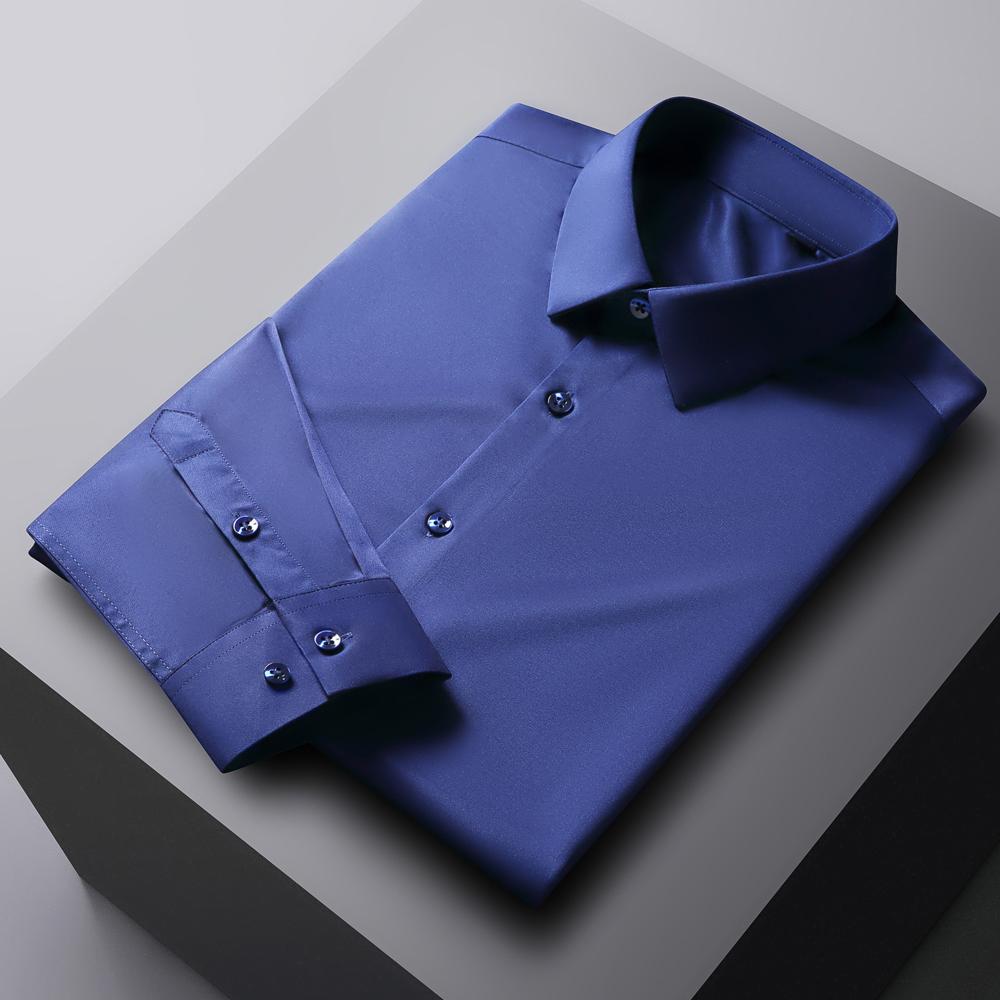Мужская однотонная немнущаяся рубашка с длинным рукавом и эластичной тканью, шелковисто-гладкая, приятная к коже, простая в уходе, формальная мужская одежда, рубашка на пуговицах