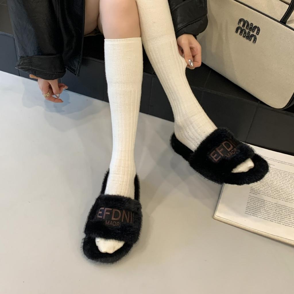 2025 New Autumn and Winter Mao Mao One-word with Open Toes and Half Tows, Wearing Mao Mao Open Toes Commuter Women's Warm Slippers