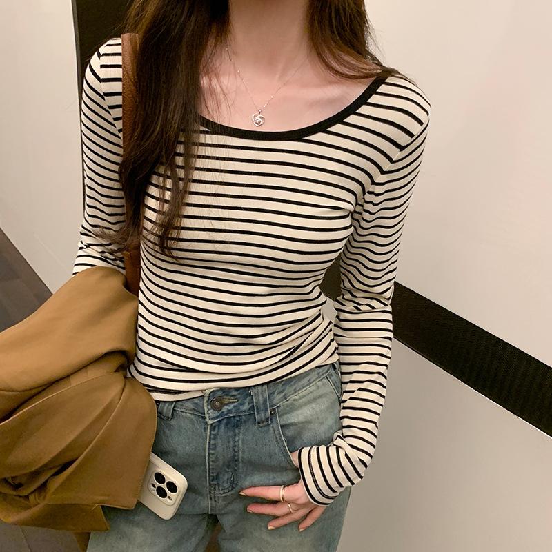 Contrast Color Striped Large Round Neck Long-sleeved T-shirt for Women In Autumn New Elastic Slimming Inner Layered Shirt Top