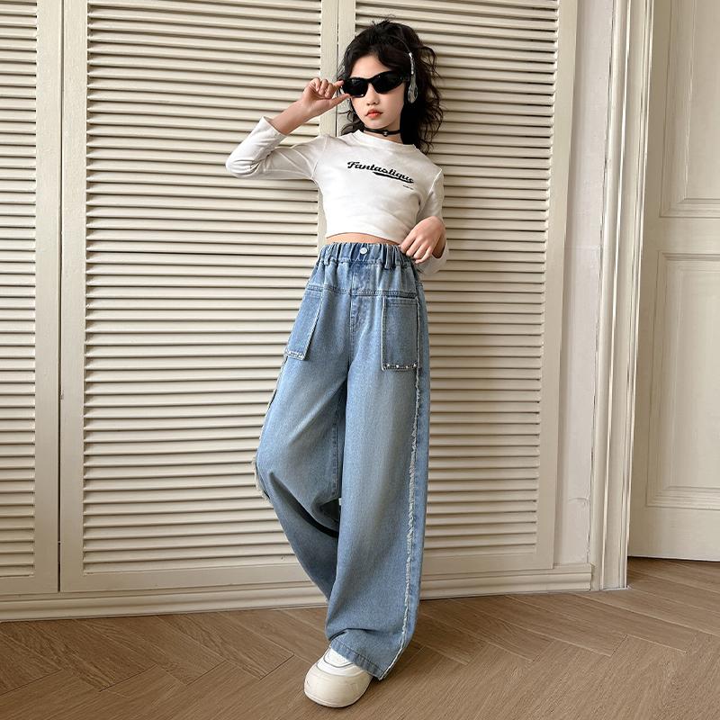Girls' Spring Jeans 2026 New Mid to Large Korean Edition Wide Leg Pants Straight Leg Versatile Pants Stylish Outerwear Pants