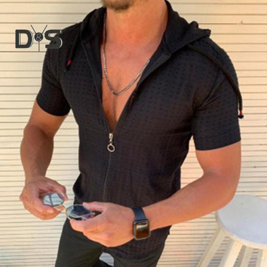 Мужская футболка с капюшоном, короткими рукавами, клетчатая футболка на молнии, повседневный тонкий летний топ для спорта, отдыха на природе, пляжа