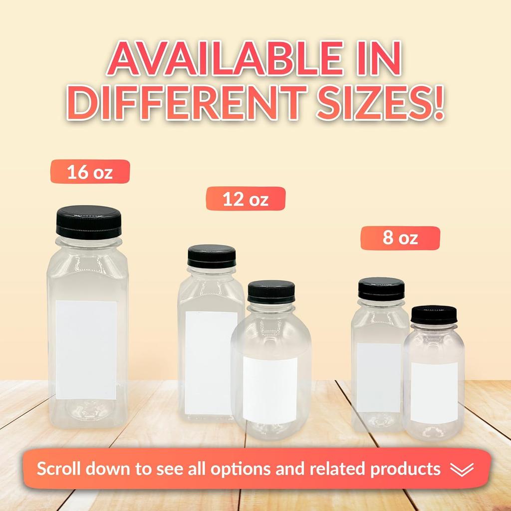 Reli. Plastic Juice Bottles [12 Pack] [16 oz] Square 16 oz Plastic Bottles with Caps & Sticker Labels | Clear, Empty for Drinks 16oz | Disposable,