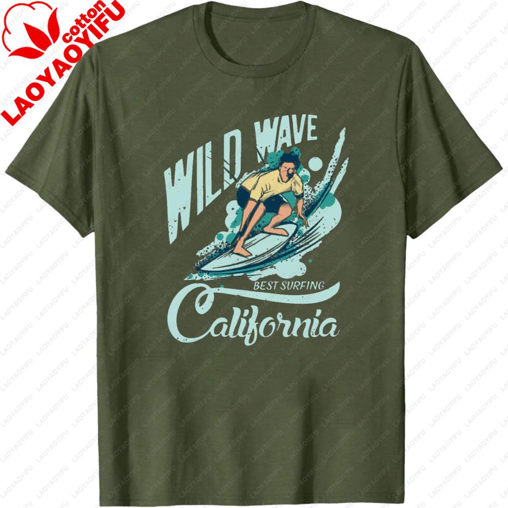 Wild Wave Best Surfing California Graphic T Shirt Unisex Cotton Short Sleeve Retro Arc Font Surfer Meme Casual Daily Outfit
