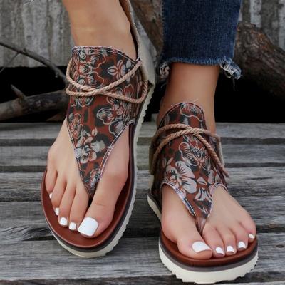 Мода 2024 Лето Женские Мягкая подошва Для дома и улицы Домашние На танкетке Повседневные Сандалии Ретро Цветочная Ткань Вьетнамки Плоская подошва