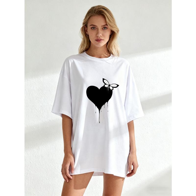 Black Oversized T Shirt With Heart And Butterfly Print For Casual Wear