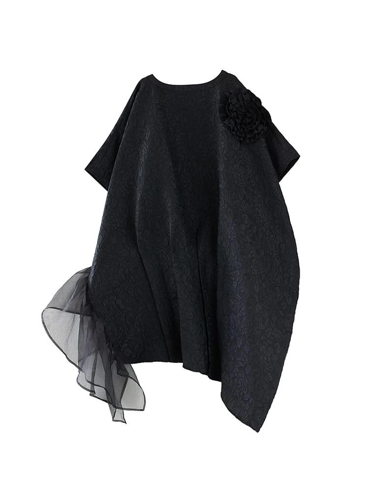 Xitao Gauze Patchwork Batwing Sleeve Dresses Asymmetrical Loose Dress DMJ3845