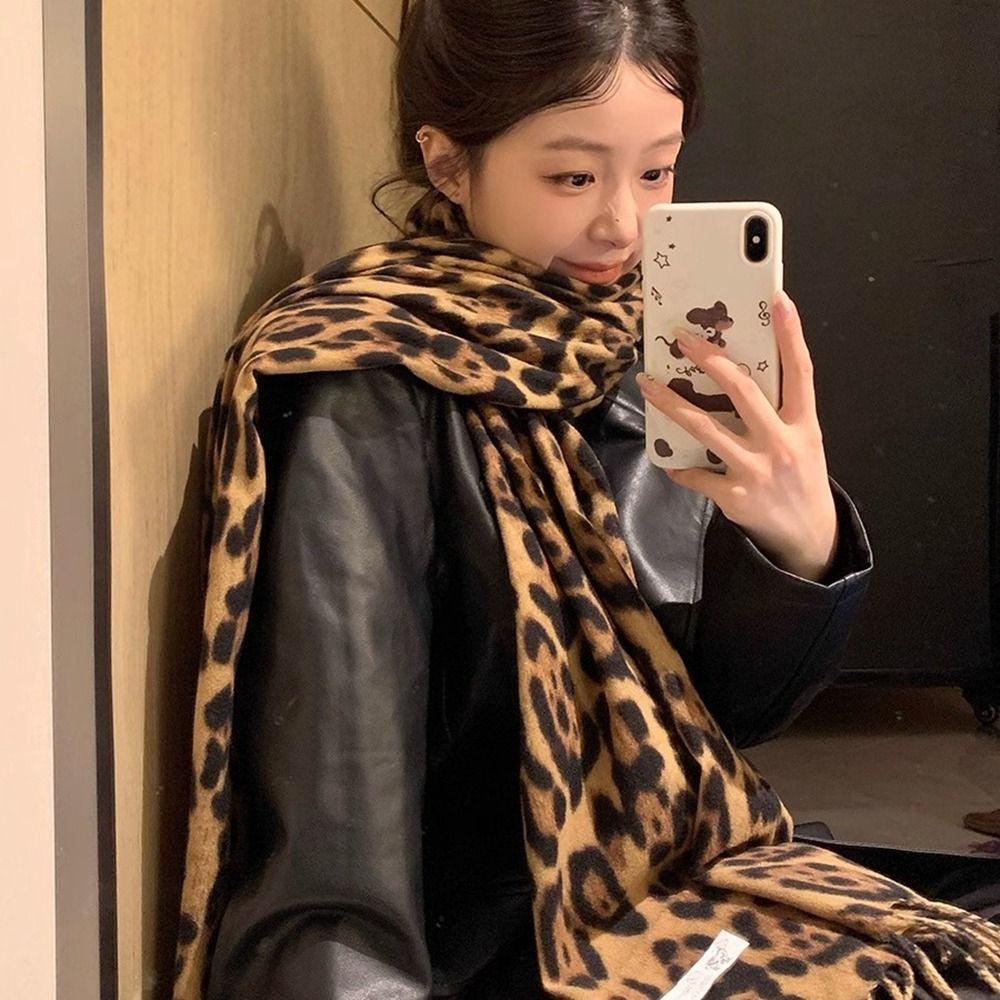 Сладкий Прохладный Шарф с Леопардовым Узором Ретро Шерстяная Шаль Элегантные Шарфы с Кисточками Мужской
