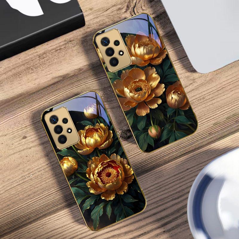Процветающий Золотой Пион Для Samsung A 01 52S A04 A05S A10 A12 A13 22 23 24 36 42 M02 Note 10 20Ultra 8 9 Золотой стеклянный чехол для телефона