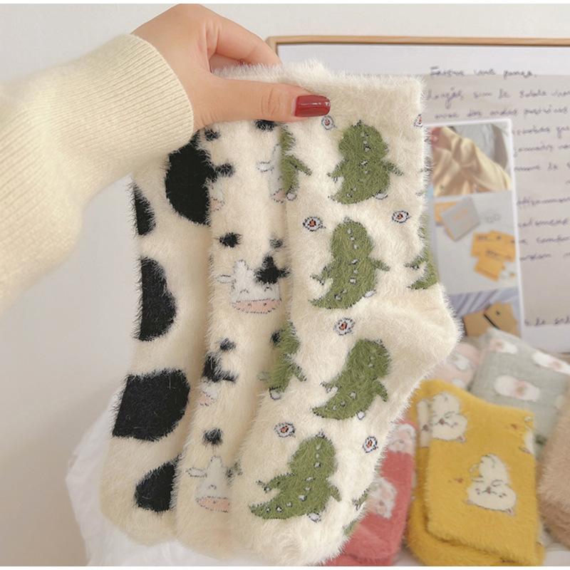 3 Pairs Cute Cow Spots Print Sock Thickened Warm Coral Fleece Women's Socks