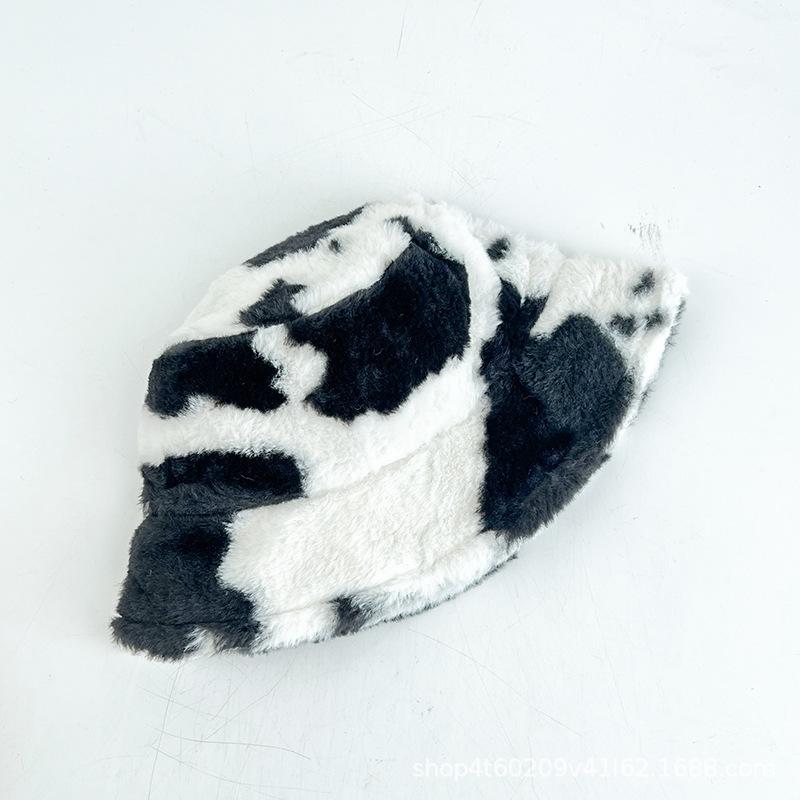 Autumn and Winter Hat Female Sweet Cute Cow Plush Bucket Hat Big Head Circumference Warm Thickened Plush Basin Hat Bucket Hat