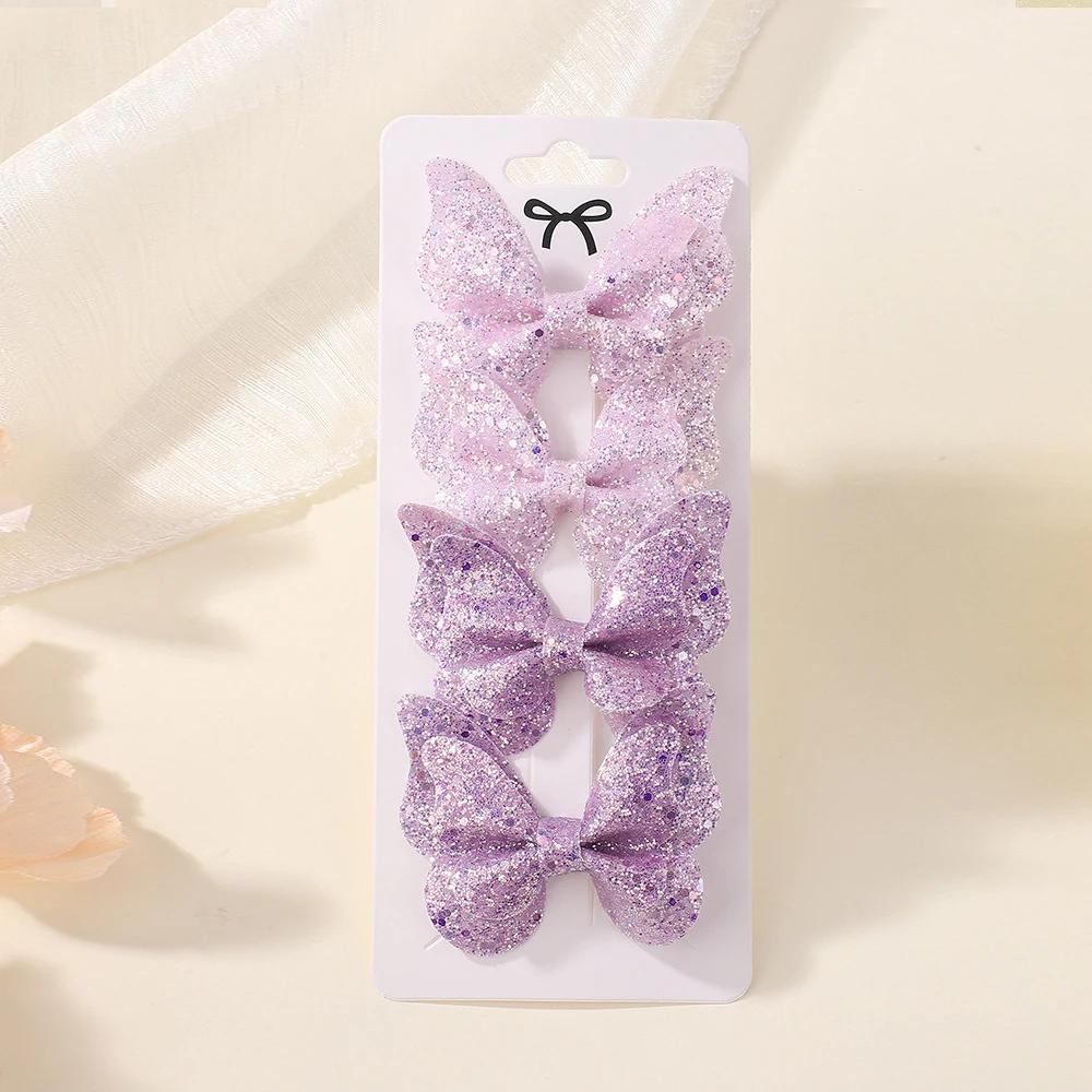 4 шт./набор Милые пайетки Двойные бантики для волос с бабочками Зажим для волос для маленьких девочек Кожаные детские заколки Заколки Головные уборы Аксессуары для волос