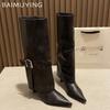 Женские высокие сапоги с острым носком, кожаные, модные, сексуальные, на среднем каблуке, тренд 2025, дизайнерские ботфорты до колена, готические, зимние, Botas De Mujer