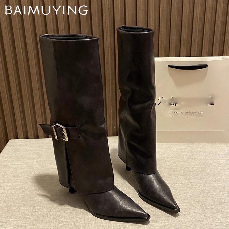 Женские высокие сапоги с острым носком, кожаные, модные, сексуальные, на среднем каблуке, тренд 2025, дизайнерские ботфорты до колена, готические, зимние, Botas De Mujer