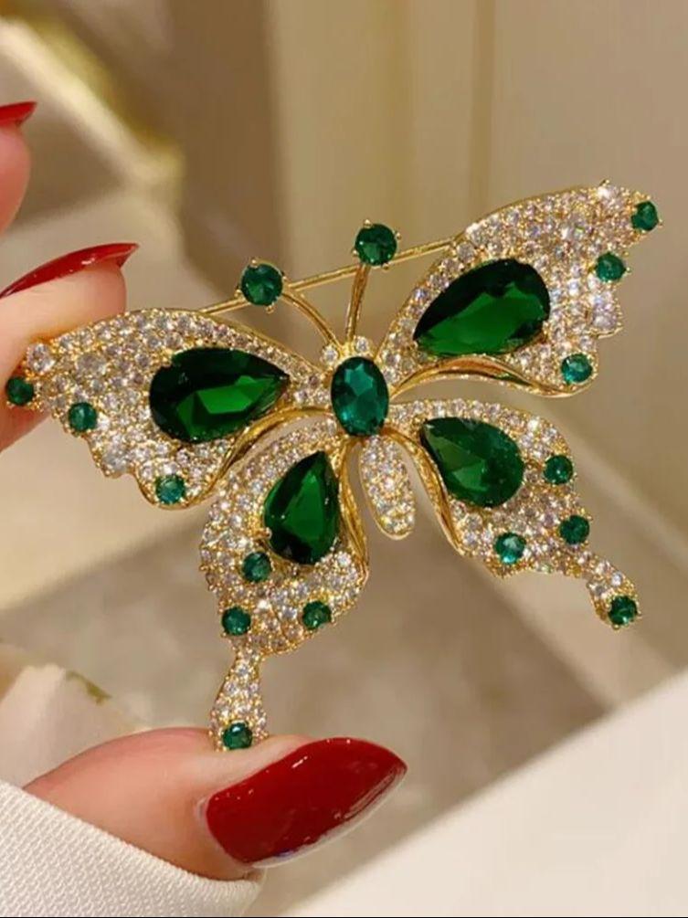 Fashionable butterfly quadrilateral zircon brooch, women's anti-exposure pin, fixed clothes metal buttons, wedding party gifts