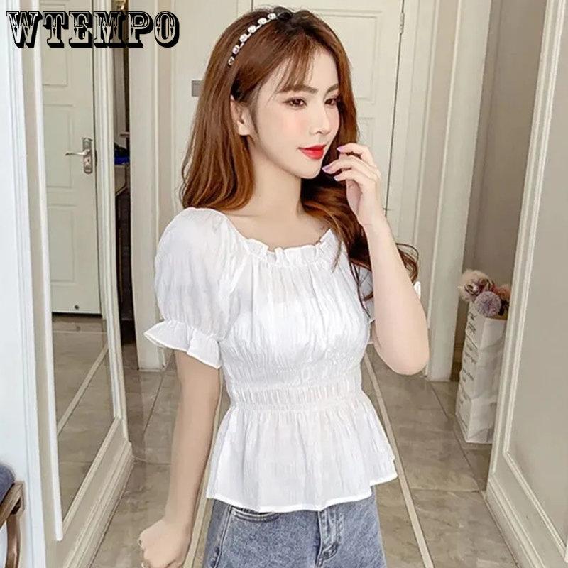 WTEMPO Летние шифоновые рубашки с короткими рукавами и пышными рукавами, женские тонкие белые рубашки, женские тонкие топы с квадратным воротником, уличная одежда