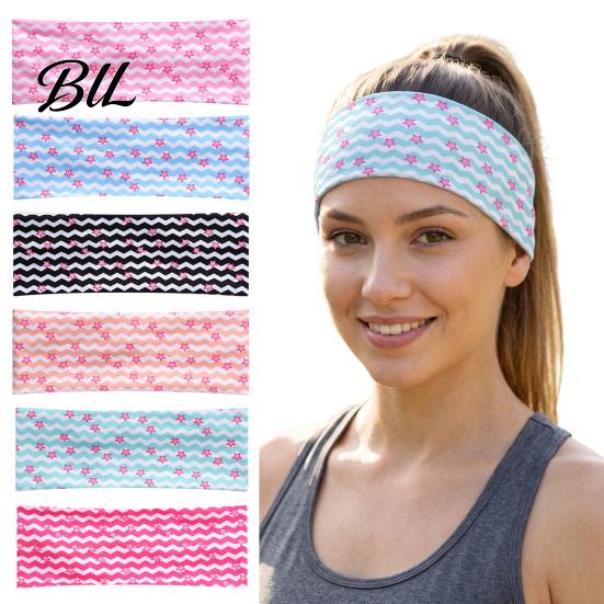 Stretchy Polyester Sweat Bands Elastic Wide Headband for Women, Non-Slip Hair Band with Star Fitness Workout Headbands Wave Print Yoga Running Sports