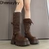Winter Vintage Platform Thick Sole Woman Knight High Boots Fashion Belt Buckle Shoes Ladies Concise Slip On Modern Long Botas