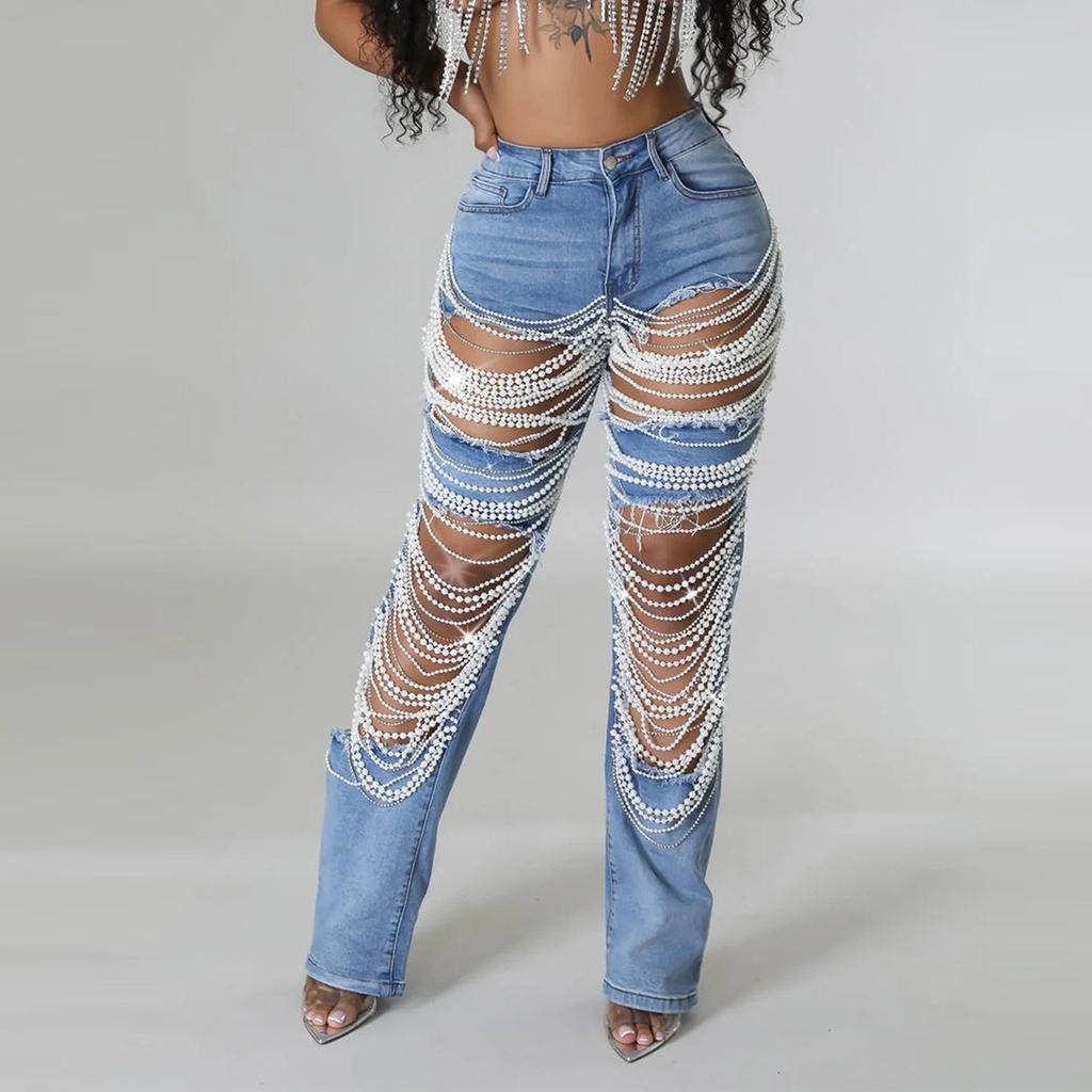 Broken Hole Heavy Industry Nail Bead Elastic Jeans Pants For Women