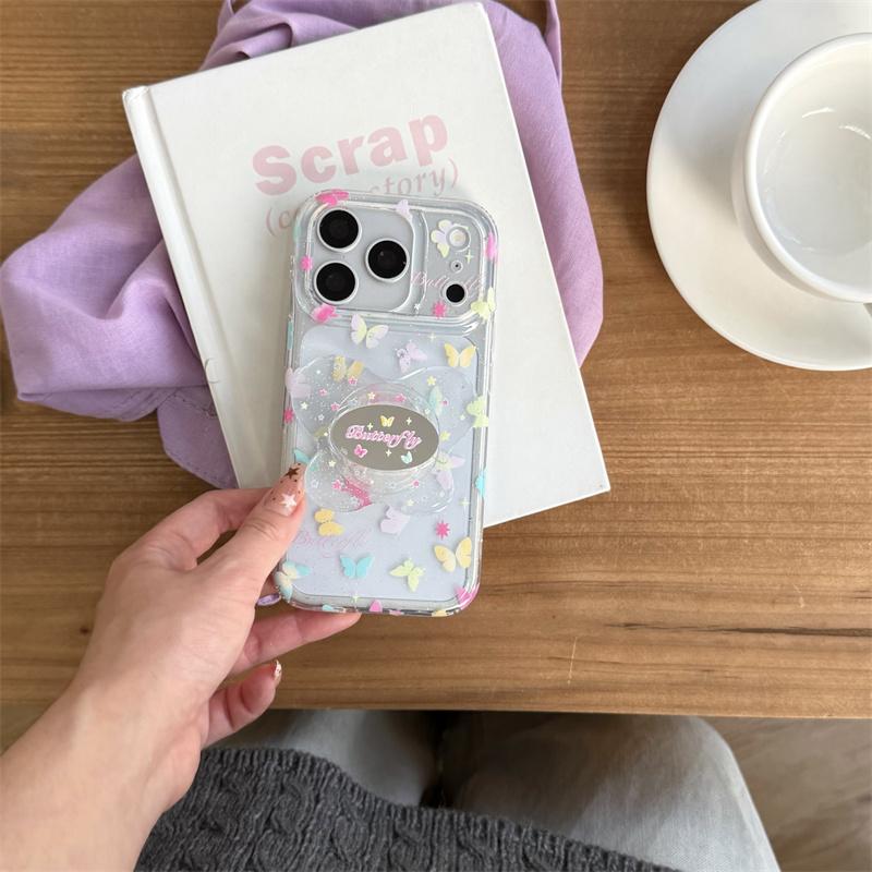 Shockproof Clear Phone Case For iPhone 14 15 16 17 Pro Max Colorful Butterfly Glitter With Pop Socket Large Window Fairy Cover