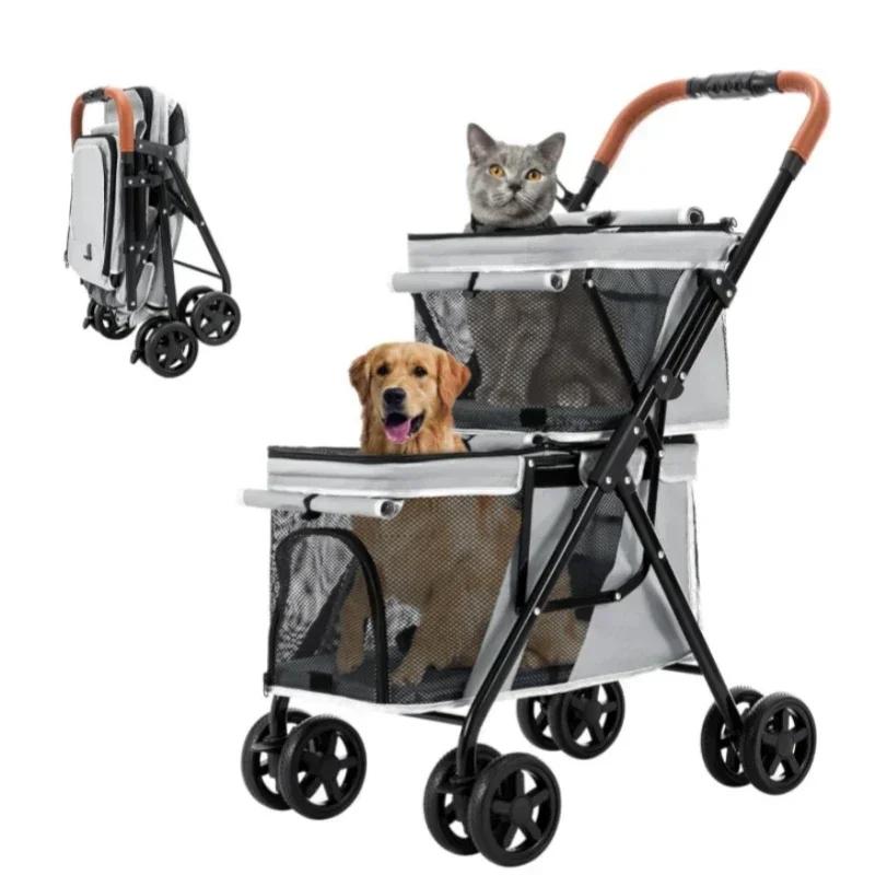 Double Pet Stroller for Small/Medium Dogs/Cats with Double Layer Cabin One-Hand Folding Dog Travel Carriage Pet Stroller