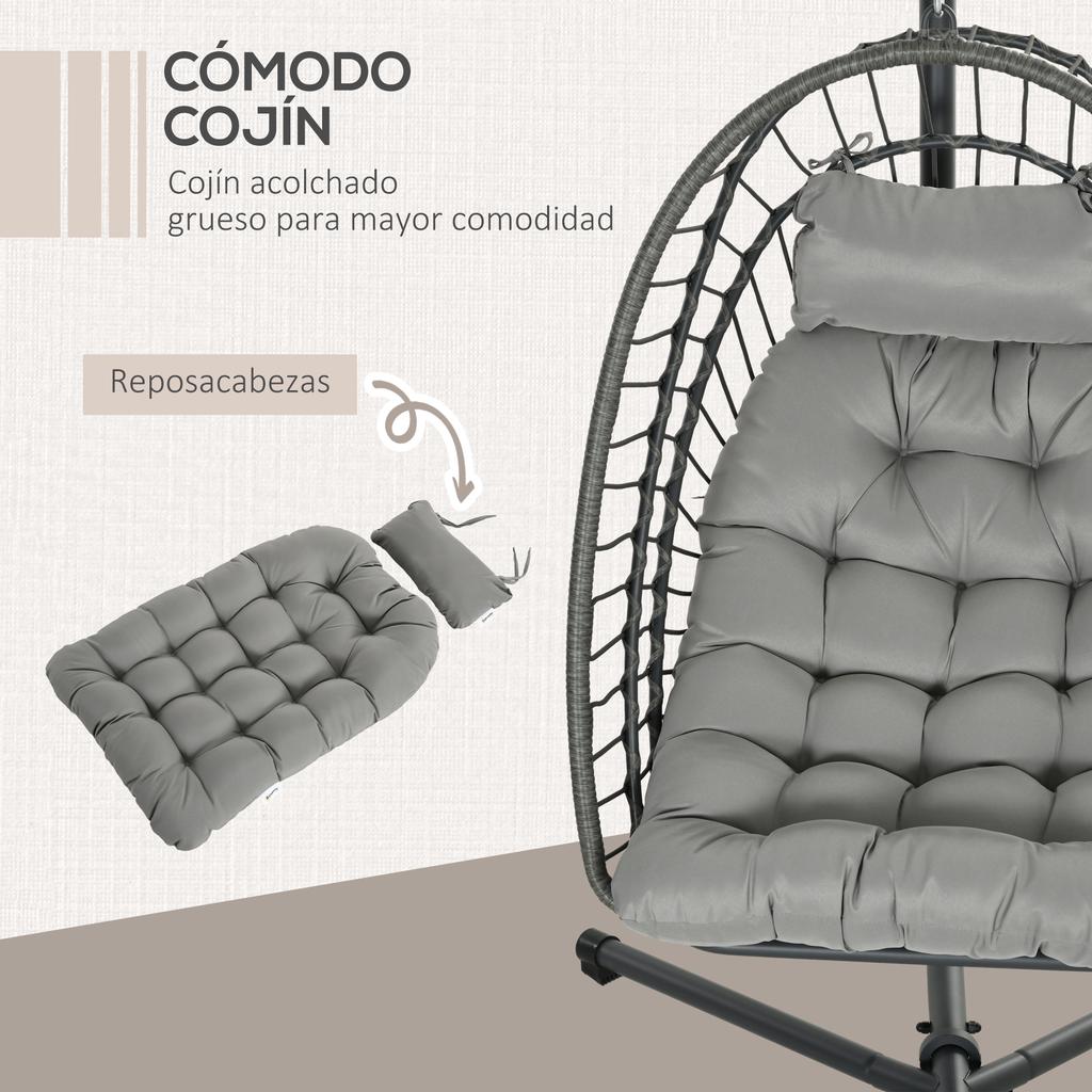 Folding Hanging Chair With Stand And 2 Cushions 100 Kg Load Capacity For Indoor And Outdoor In Dark Gray PE Rattan