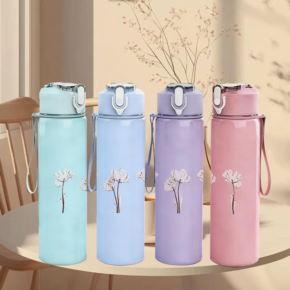 1PC Three thin tree line sketch minimal print 750ml colorful plastic sports water bottle leakproof pop up lid with straw for outdoor work home use