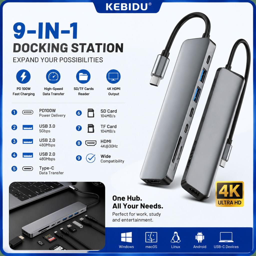 KEBIDU 9-портовый USB C хаб-док-станция 4K HDMI 100 Вт PD зарядное устройство USB3.0 USB2.0, порт Type-C кардридер SD TF для ноутбука MacBook Windows