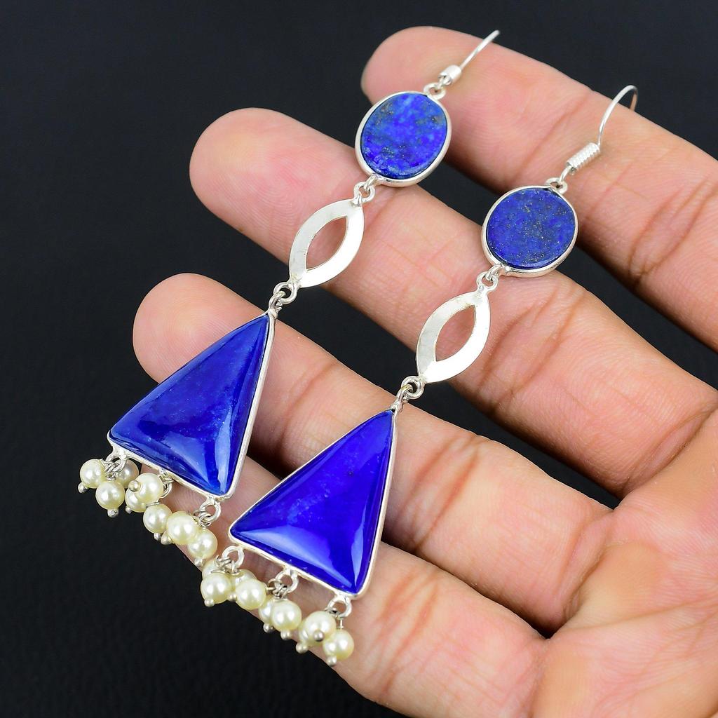 Friendship Day Deal 925 Silver Lapis Lazuli Stone September Drop Dangle Earrings
