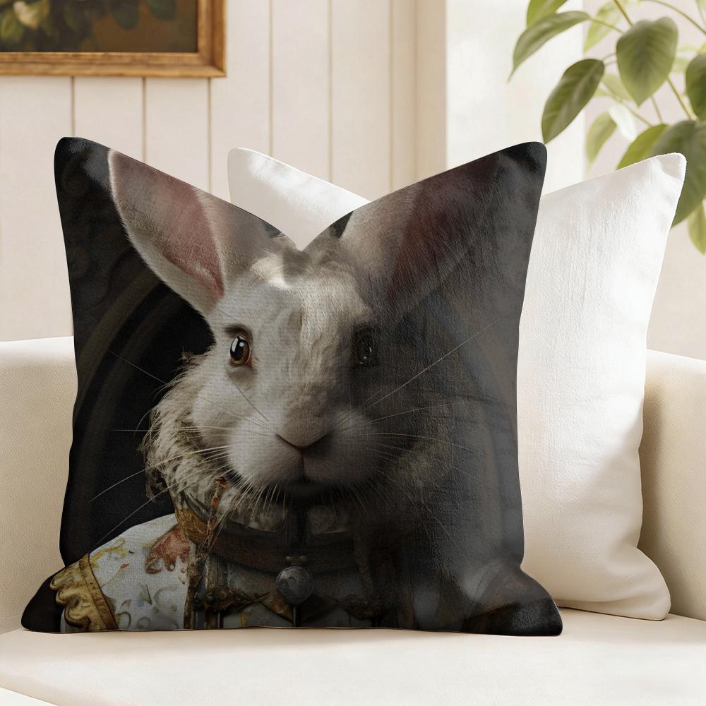 Rabbit Portrait Renaissance Cushion Cover Eco Linen Pillow Case DoubleSided Print Breathable Durable Zipper Home Decor Gift
