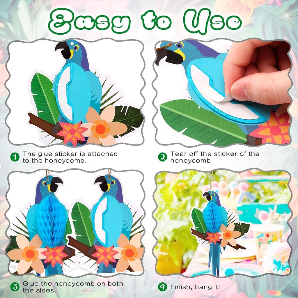 6 Pcs Tropical Birds Honeycombs, Parrot Honeycomb Decorations, Parrot Paper Cutouts Hanging Decorations for Summer, Jungle, Rainforest Party Supplies