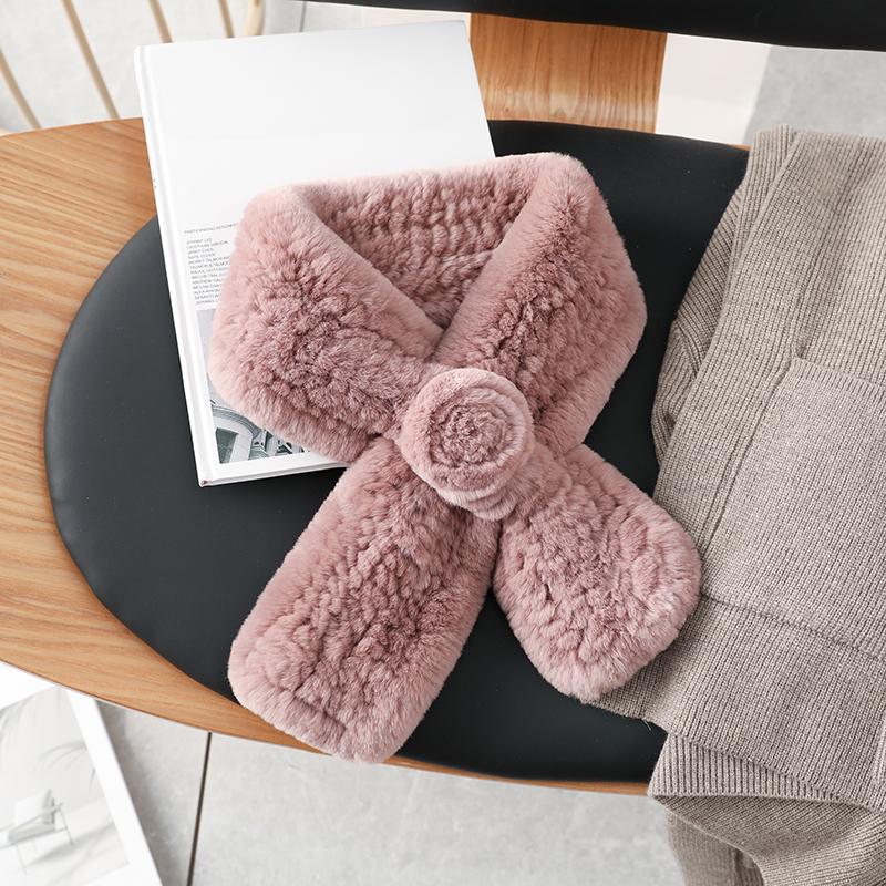 Winter Warm Scarf Hat Two-piece Set, Middle-aged and Elderly Temperament Rex Rabbit Fur Hat, Mother Flower Scarf