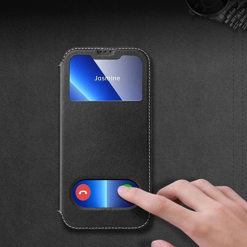 Чехол-книжка из натуральной кожи Smart View Window для iPhone 16 Pro 17 Pro 15 14 13 12 11 XR XS Max 7 8 Plus SE 3 Магнитный кошелек-флип