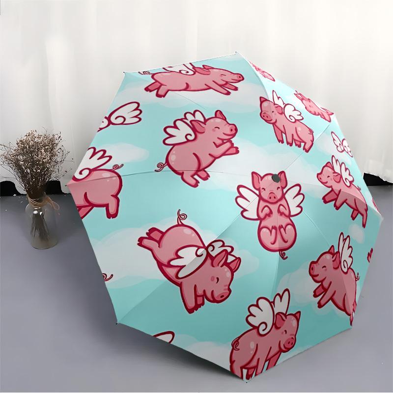 1pc Flying Pigs Automatic Folding Umbrella Portable Collapsible Design, 8-Rib Iron Frame, Durable Fabric, All-Season Casual Outdoor 149