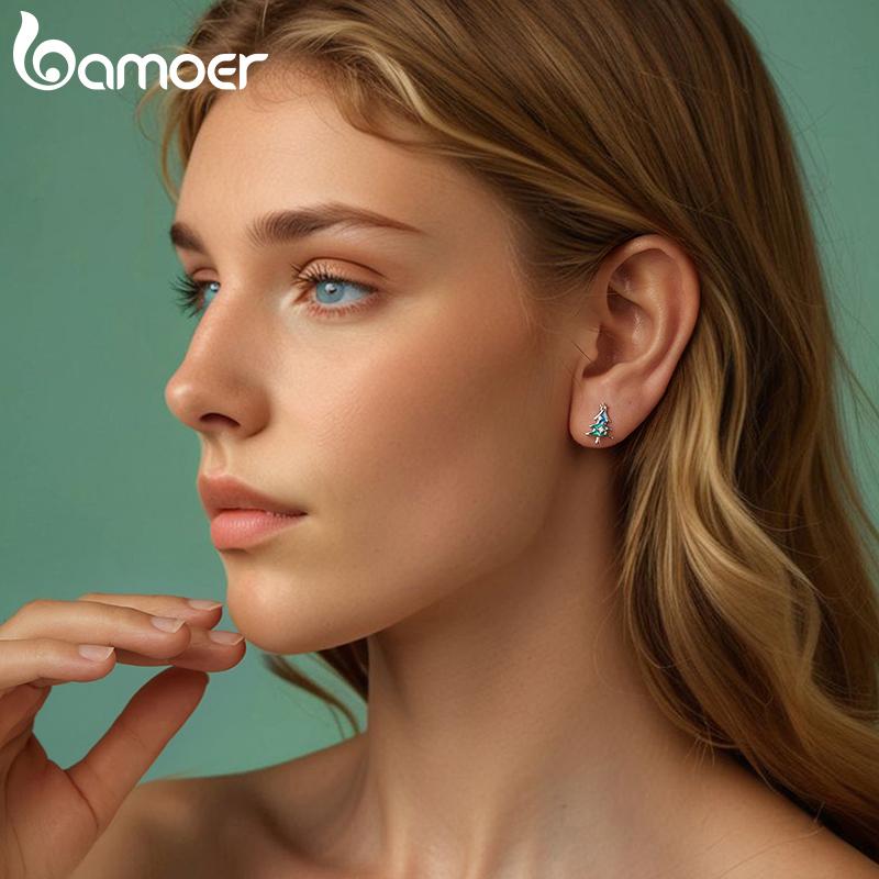 BAMOER 925 стерлингового серебра Рождественская елка серьги-гвоздики Милые серьги для женщин Эмаль Процесс кубический цирконий Изящные ювелирные изделия Подарок