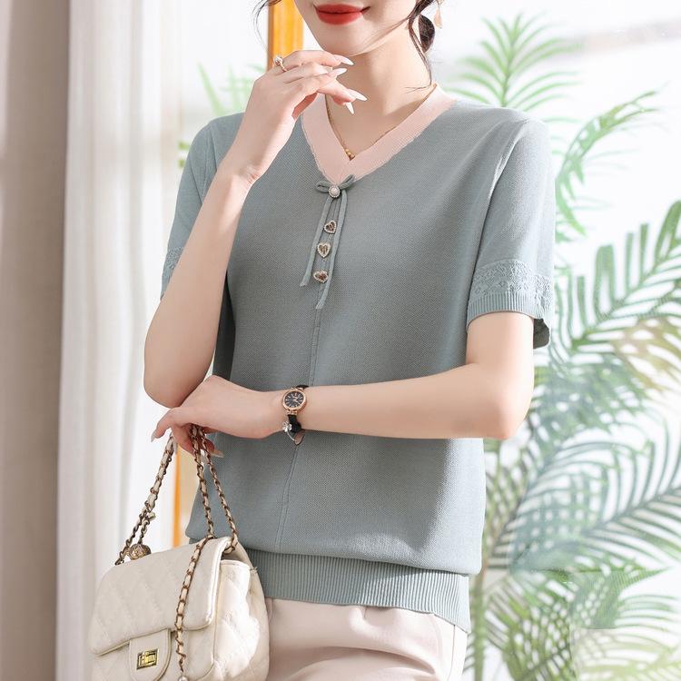 New Summer Mother Dress Short-sleeved Middle-aged Women's Knitted Top Loose Ice Silk Shirt Fashionable Mother-in-law Base Shirt