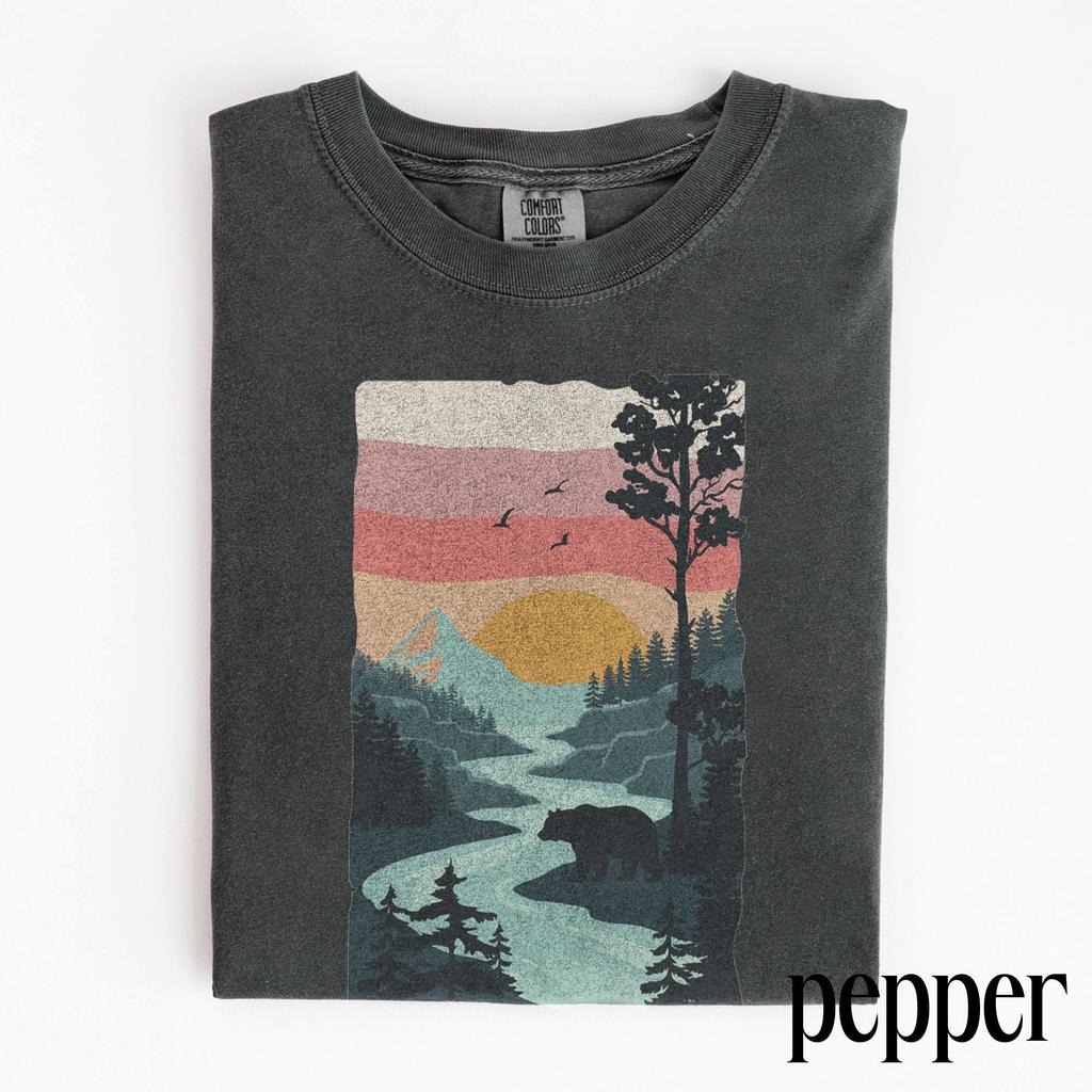 Retro Wilderness Bear River Graphic Tee, Mountain Forest Nature Shirt, Rustic Outdoor Explorer Style Top, Comfort Colors® Wildlife Gift Tee