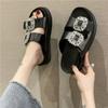 2024 Rhinestone Shoes Womens High Heel Platform Sandals Double Buckle Strap Slippers Womens Leather Beach Fashion Black Slippers