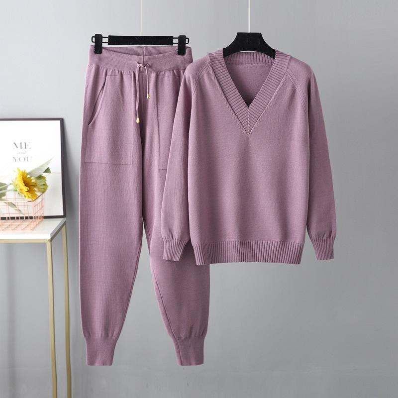 Autumn Winter V Neck Solid Color Long Sleeve Sweater Haren Pants Sets For Ladies Casual All Match Pullover Suit