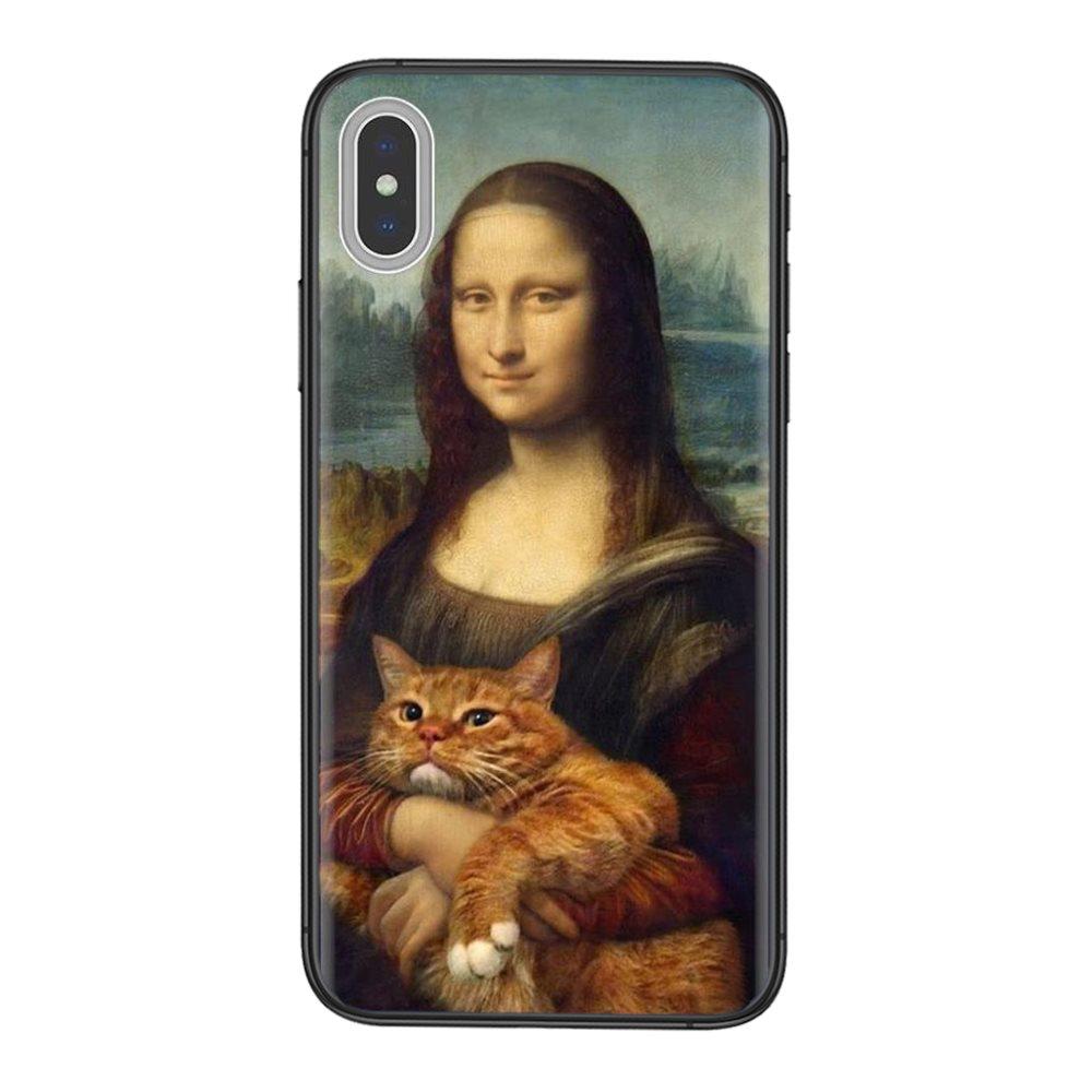 Очень дешево для iPhone 11 12 13 Pro Mini 5 5S SE 5C 6 6S 7 8 X XR XS Plus Max Leonardo Da Vinci Mona Lisa Pat Cat Black Funda
