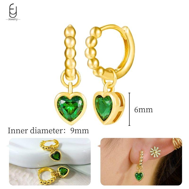 Серьги из стерлингового серебра 925 пробы с зеленым цирконом, золотые серьги-кольца в форме сердца для женщин, изящные пусеты, роскошные ювелирные изделия, подарки