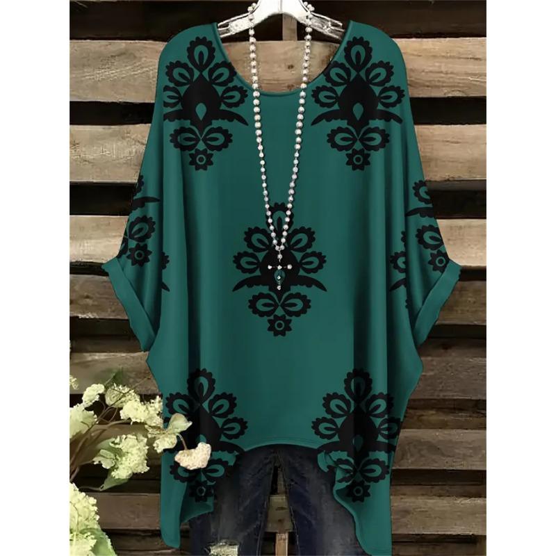 Большой размер, Женская повседневная футболка большого размера с коротким рукавом - Фиолетовый цветочный принт, Эластичный полиэстер, Круглый вырез, Можно стирать в машине, Комфорт круглый год