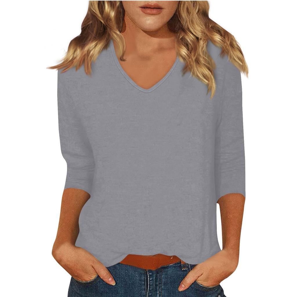 Женская модная повседневная однотонная футболка с v-образным вырезом и рукавами 3/4, топ
