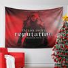 A bold red and black aesthetic with gothic-style text in the center. Patterned tapestry for bedroom and living room home decor